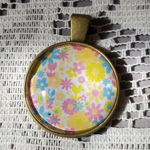 Pastel Flowers Glass Cabochon Pendant - Handmade